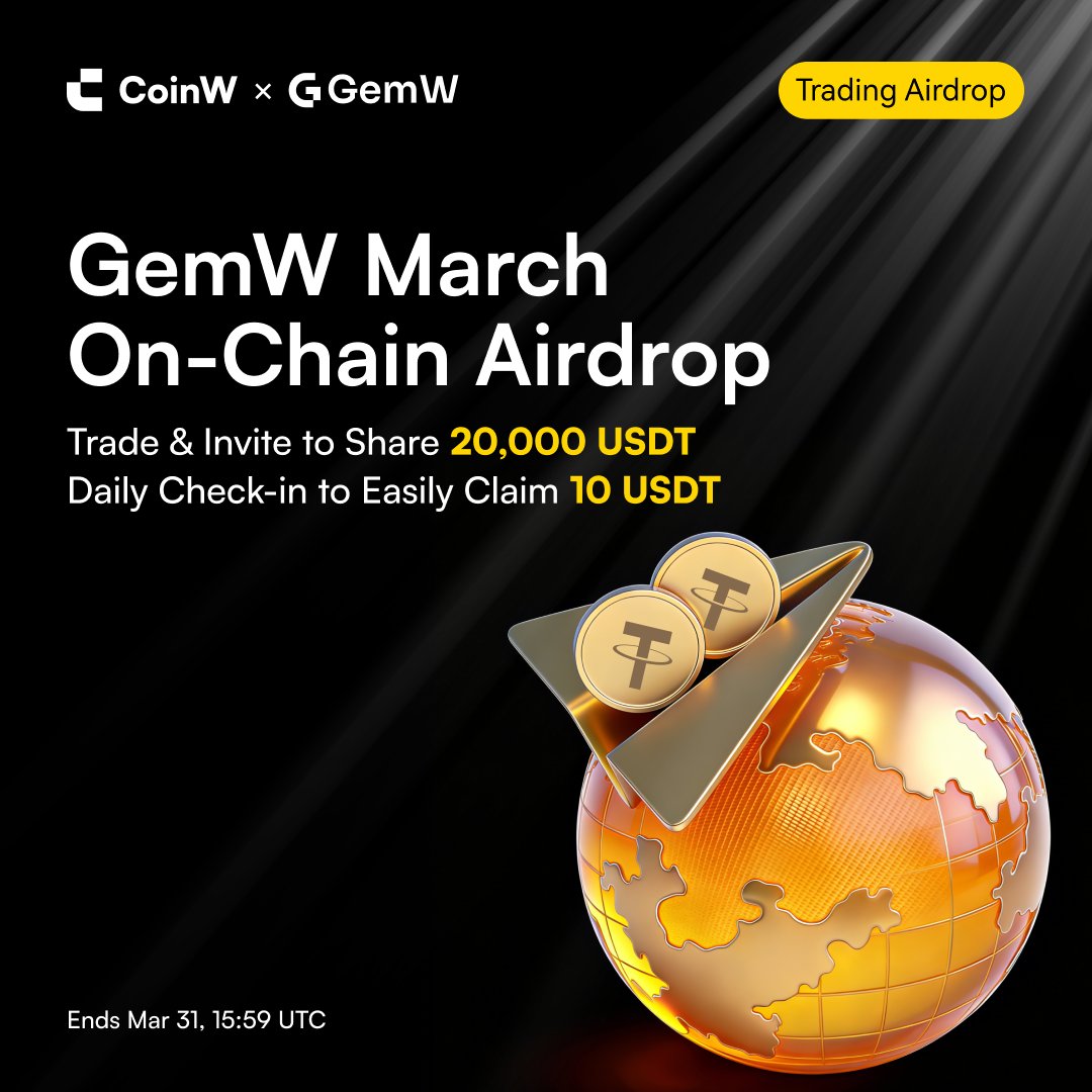 🚀 #GemW March On-Chain Airdrop is LIVE

The more you trade, the bigger your share 📈
👉 Sign up &amp; join now: coinw.com/help-center/an…

🎁 10 Winners × 10 USDT
1️⃣ Follow <a href="/GemWOfficial/">GemW</a> &amp; <a href="/CoinWOfficial/">CoinW</a>
2️⃣ Like + RT + tag 3 friends
3️⃣ Drop your CoinW UID in the comments

👉 Start