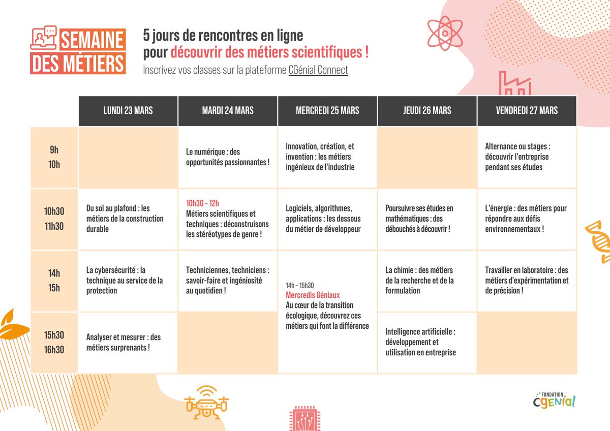 Fond_CGenial's tweet photo. 🤩Le planning de la Semaine des métiers est maintenant disponible ! Inscrivez vos classes à une ou plusieurs des rencontres en ligne, gratuites et interactives.
 https://t.co/klDCoMBTSO

#CGénial https://t.co/3izceTLo6l