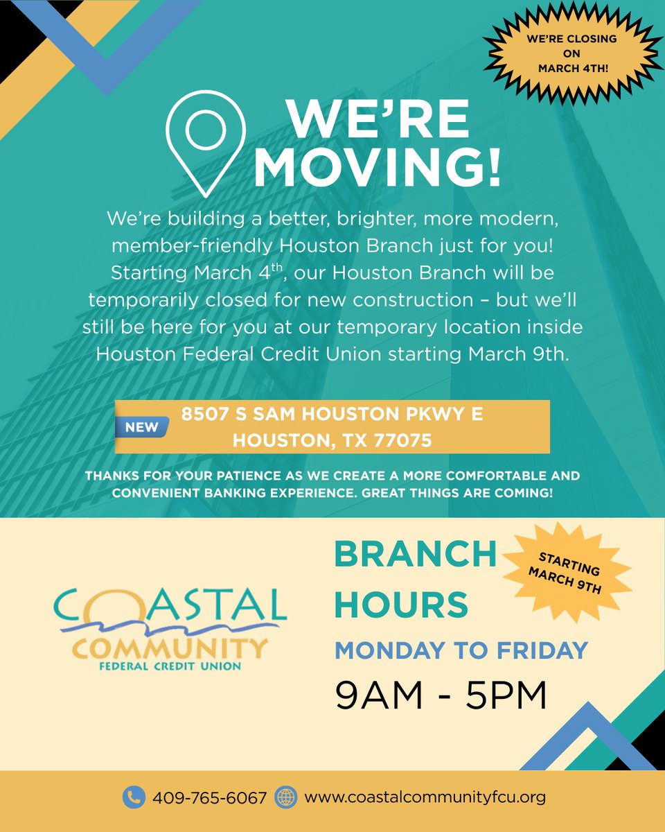 COASTAL_FCU's tweet photo. Please see important information below pertaining to our Houston Branch at 7002 Fauna St. https://t.co/PTk1ysIZJN