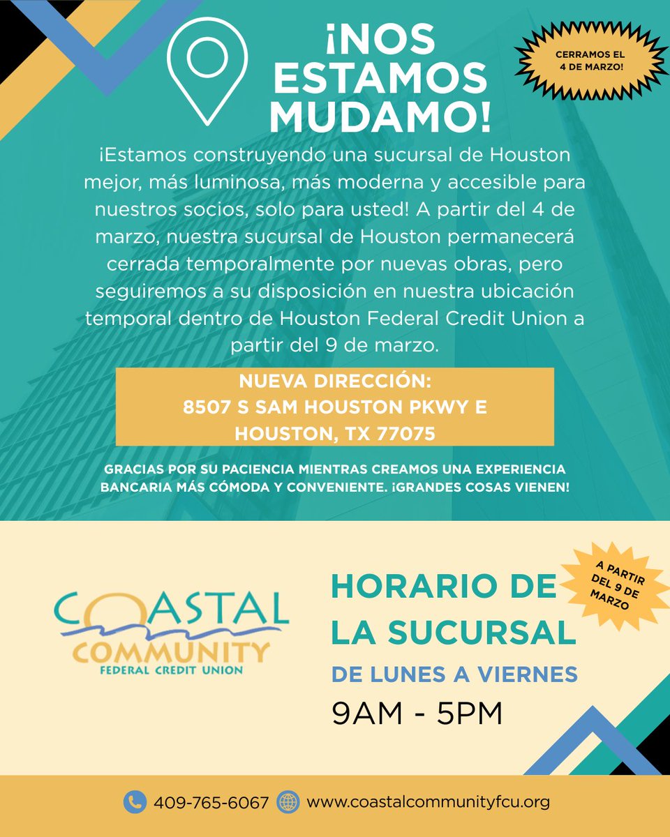 COASTAL_FCU's tweet photo. Please see important information below pertaining to our Houston Branch at 7002 Fauna St. https://t.co/PTk1ysIZJN