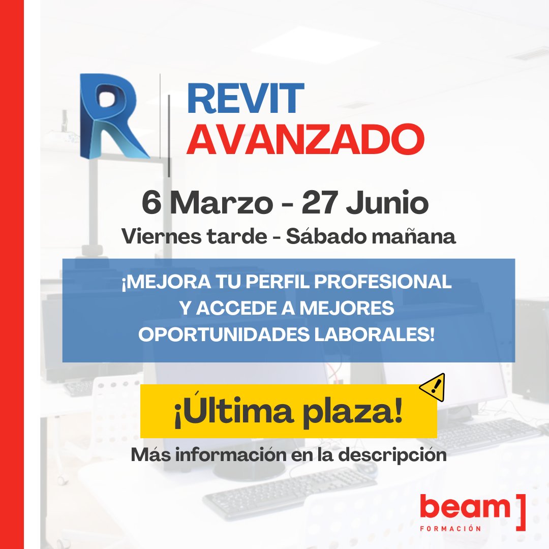 Si ya sabes lo básico de Revit… ¡es hora de subir de nivel!
Nuestro curso de Revit Avanzado está pensado para que trabajes como en un entorno profesional real.

¿Te interesa? Escríbenos por mensaje o mira beamformacion.com
#revit #BIM #formacion #cursorevitt #arquitectura