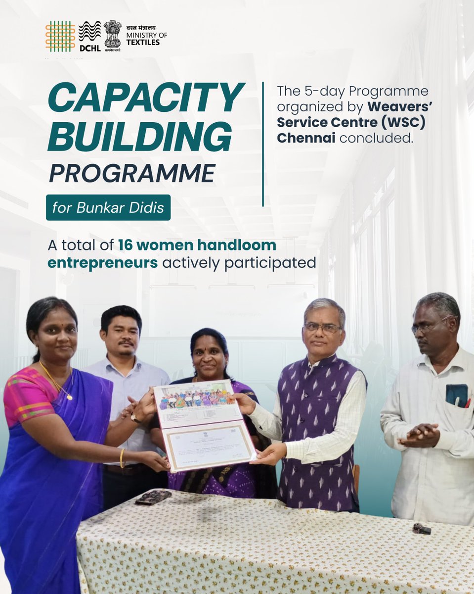 dchandlooms01's tweet image. The 5‑day Capacity Building Programme for Bunkar Didis, organised by Weavers’ Service Centre (WSC) Chennai, was completed with 16 women handloom entrepreneurs participating actively.

#programme #training #VocalForLocal #swadeshi #chennaisuperkings