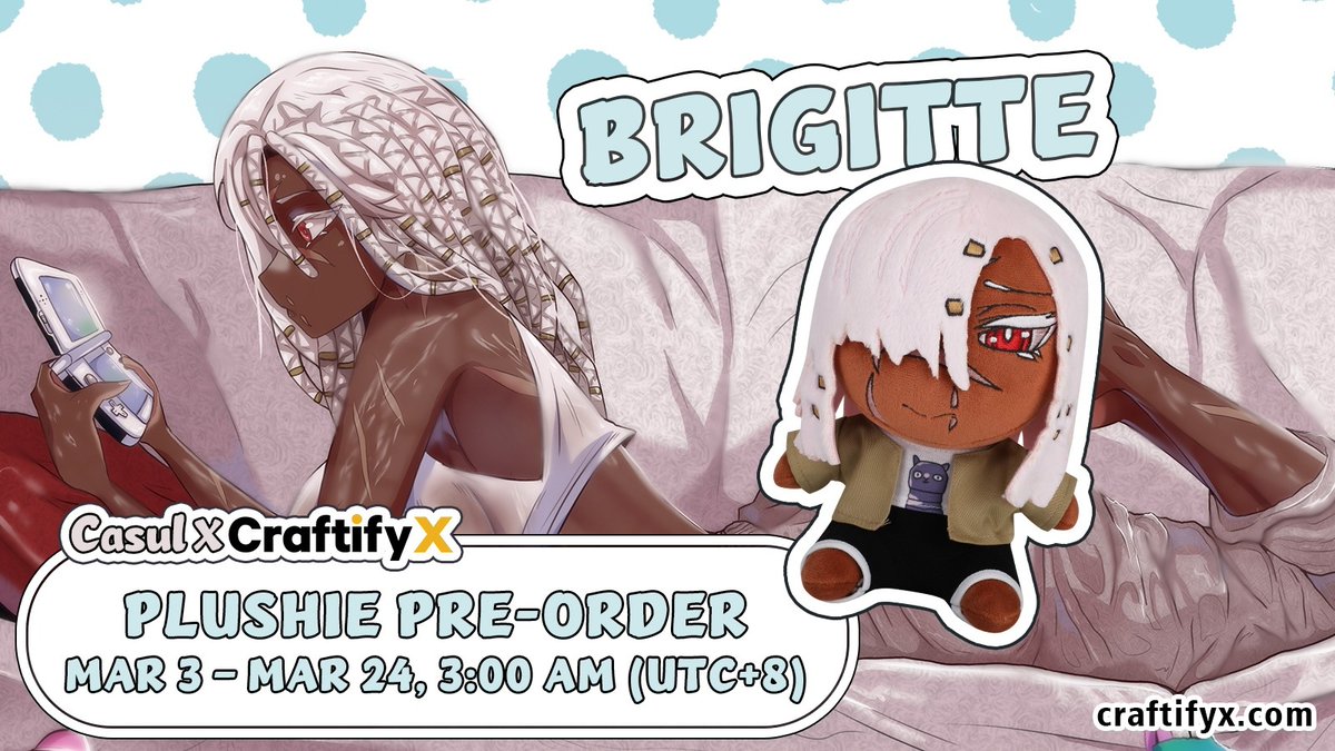 Hi! You can get yourself a Brigitte plushie! She has both eyes, but it's a secret to how the blind one looks like... She's a bit shy but she'll gladly keep you company, as long as you don't mention her scars.. craftifyx.com/products/brigi…