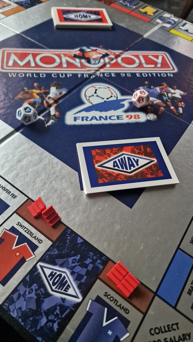 Jonee13's tweet photo. After 29 years sitting and waiting, I finally decided it was time to open this precious little thing. What a delightful afternoon. Monopoly World Cup France 98 Edition. 
A proper treasure! 

#WorldCup1998 #WorldCupFrance #Monopoly #MonopolyGame #Memories #Treasure #boardgame https://t.co/ztezfUwUKz
