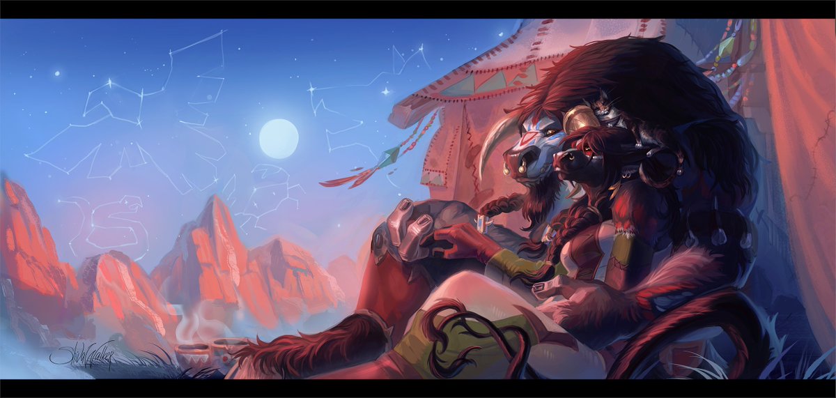 Crimson Dawn, Matorn and little fluffy lady Sylvanas. Our warcraft family.
Mentally, I'm still somewhere on top of the Thunder bluff with low-poly models but amazing and breathtaking atmosphere.

#warcraft #taurens #fangsandclaws