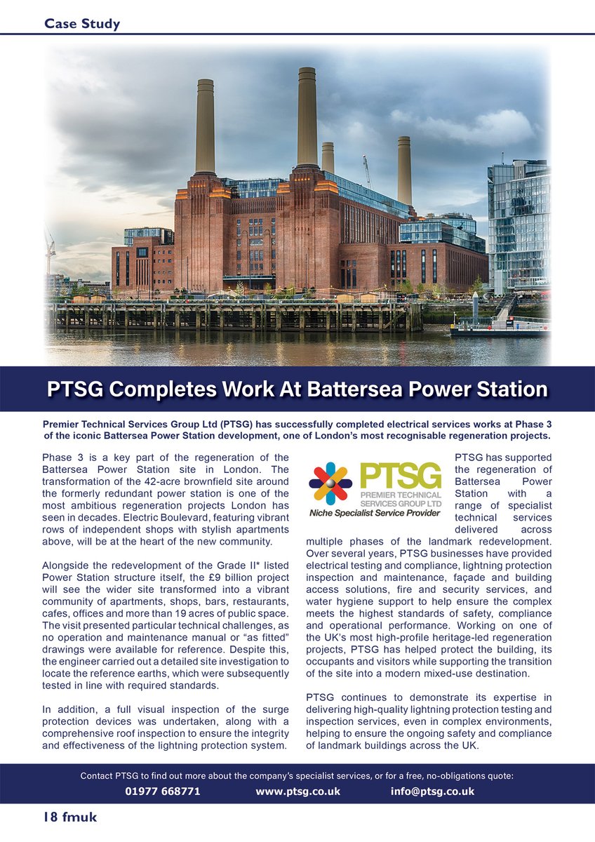 FMUKmagazine1's tweet image. Latest Issue 📰: @PTSG_LTD has successfully completed #electrical services works at Phase 3 of the iconic @BatterseaPwrStn development.

➡️fmuk-online.co.uk/ptsg-completes…
#facman #FacilitiesManagement #LightningProtection #compliance #safety #regeneration #lightning #protection
