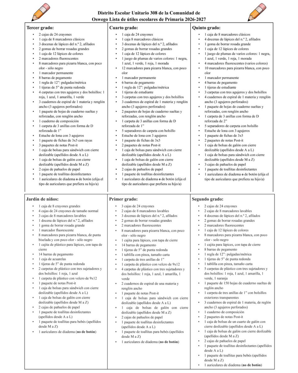 2026-27 School Supply Lists for Elementary students are now available! Read more at sd308.org/supply Questions? Contact the school office.