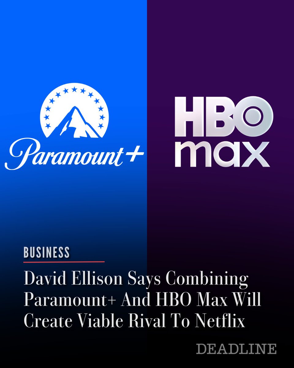 DEADLINE's tweet photo. Paramount CEO David Ellison says the company’s pending merger with Warner Bros. Discovery will give it the scale it needs to compete with Netflix, especially when Paramount+ and HBO Max come together.

“We will combine the streaming portfolios of the two companies into one stronger platform over the coming years,” Ellison told Wall Street analysts Monday on a conference call to discuss the $111 billion deal. On Paramount+ and HBO, he said, “there are more than 200 million [direct-to-consumer] subscribers today, and more than 100 countries and territories worldwide, positioning us to compete effectively with the leading streaming services in today’s marketplace”

Full story here: https://t.co/JG7aETQtkg