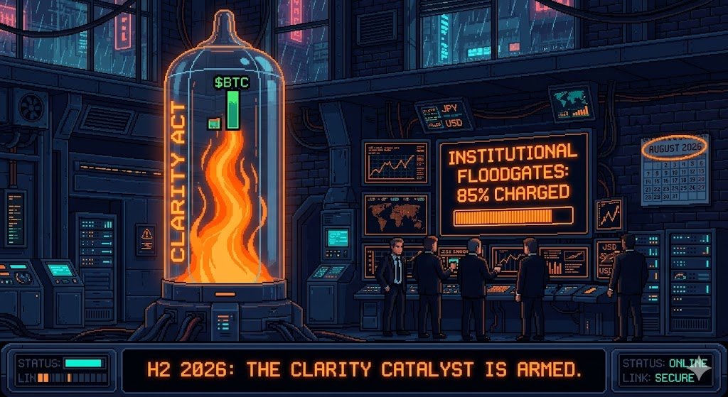 While the mid-curvers are panicking over a flat Q1, JPMorgan is telling everyone the "God Candle" is scheduled for H2. 

They’re betting the CLARITY Act passes by mid-year. This isn't just "more rules" it’s the end of the SEC’s harassment campaign.

The big banks are currently