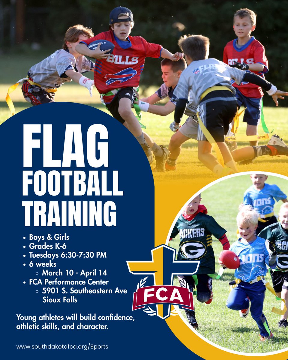 SDFCASports's tweet photo. Get ready for the flag football season! Join us at the FCA Performance Center for a 6-week, high-energy training program where young athletes will build confidence, athletic skills, and character!

Register here: https://t.co/aoHuItUTjn https://t.co/0movj8JPjG
