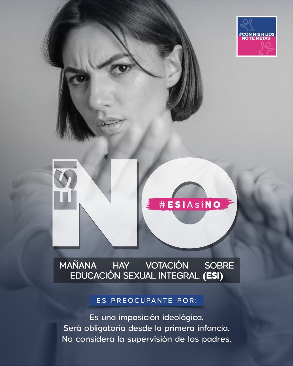 conmishijosnocl's tweet image. ¡No olvidar! 📢
Mañana 3 de Marzo se vota #ESI en la Comisión de Educacion de la camara de Diputados. 

Un proyecto tramposo  que no podemos permitir se apruebe. Hipersexualizar a nuestros niños NO es prevención!! 
#ConMisHijosNoTeMetas 🇨🇱