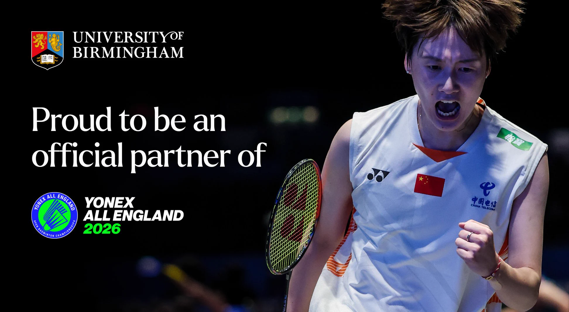 University of Birmingham announces official partnership with Yonex All England 2026 badminton tournament with an image of a badminton player celebrating