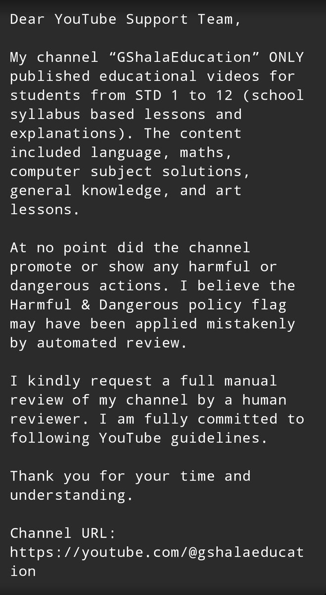 BHARATRAMUN's tweet photo. @AndrewBolis @TeamYouTube
My channel GShalaEducation was suspended (Harmful &amp; Dangerous).
It only had STD 1–12 educational content.
Please request manual review.
https://t.co/F3rsaGnljA� https://t.co/RgHnMV8mjM