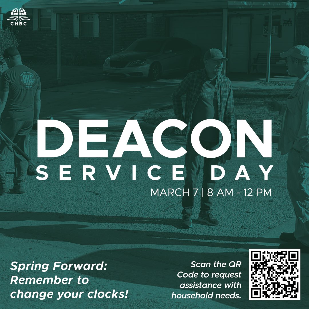 This weekend we Spring Forward! This means our deacons will be doing a Deacon Service Day to serve our church members. There are still a few spots available, if you need assistance around your home, click the link below to let us know! #CHBCOKC 

🔗 chbchurch.org/deacon-service…