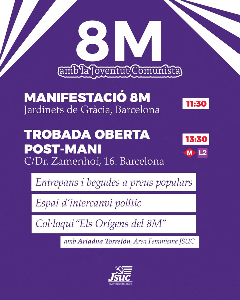 🟣✊ 8M a Barcelona amb la Joventut Comunista!

Vine a la trobada post-mani per parlar sobre els orígens del 8 de Març i l’actualitat del moviment feminista.

Entrepans i begudes a preus populars.🥤🥪