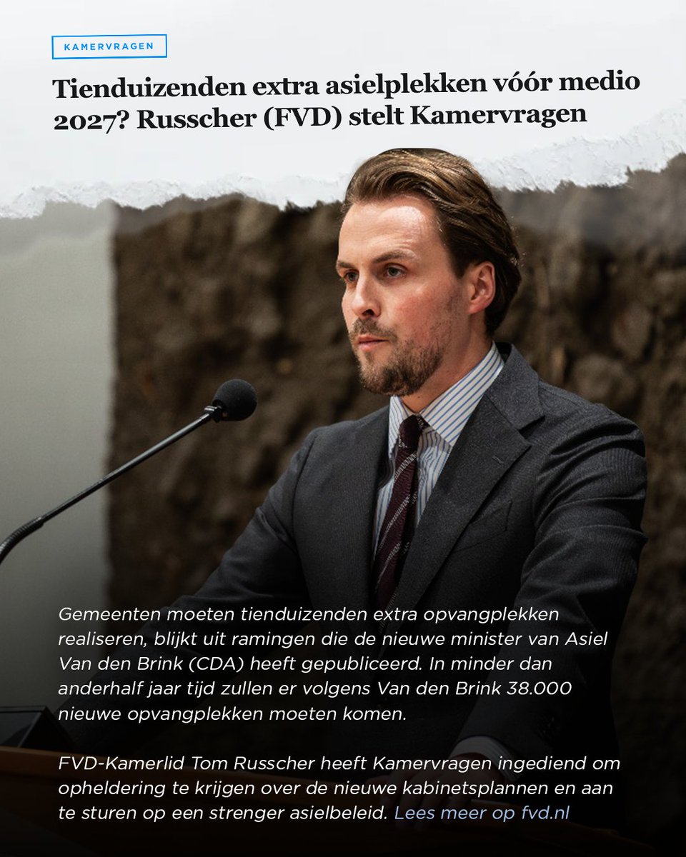 We moeten niet méér opvangplekken realiseren, maar mínder asielzoekers ons land binnenlaten.

<a href="/tomrusscher/">Tom Russcher</a> stelt Kamervragen over de 'tienduizenden extra opvangplekken' en de mogelijkheden voor een strenger asielbeleid.

Lees meer via fvd.nl/nieuws/tiendui….