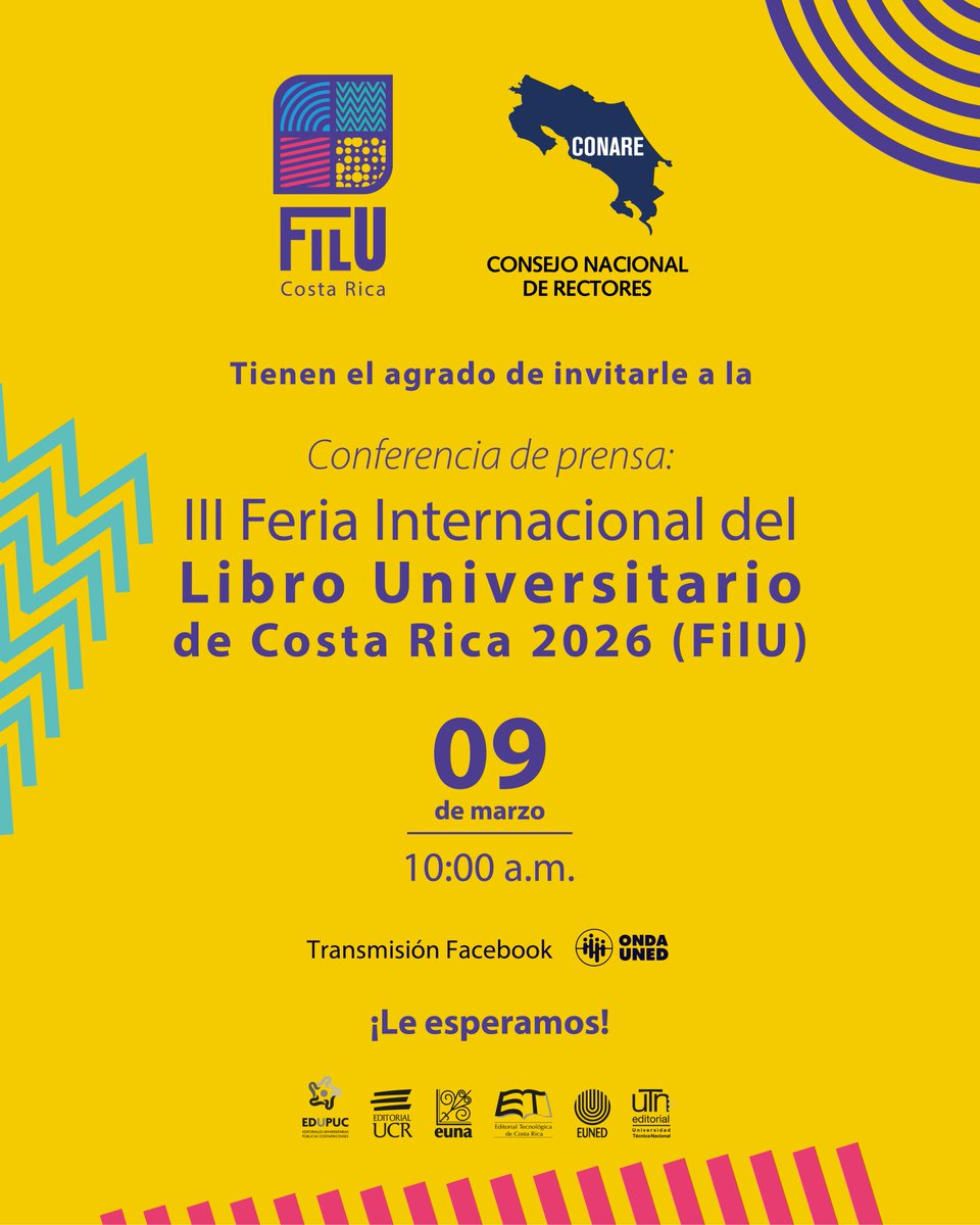 📚✨ La FilU Costa Rica vuelve a Heredia, consolidándose como un espacio de encuentro para la literatura y la cultura. ¡Acompañanos en el lanzamiento oficial! 

🗓 Conferencia de prensa: 9 de marzo
⏰10:00 a. m.
📡 En vivo por <a href="/ondauned/">Onda UNED</a> 

#FilU2026 #Edupuc <a href="/UNEDCostaRica/">UNED.CR</a>