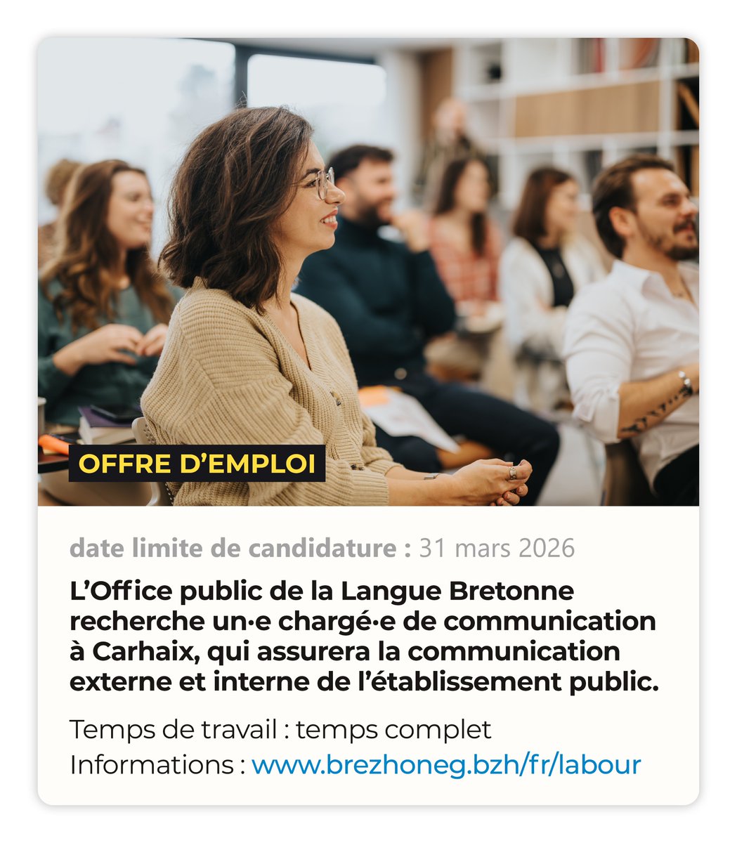 OPAB_OPLB's tweet photo. 💼 Emañ an OPAB o klask ur c'hargad pe ur gargadez kehentiñ.
💼 L’OPLB recherche un·e chargé·e de communication.
🔗 https://t.co/veiRZAQHHJ

#bzhg #OffreEmploi https://t.co/IDutzsOSh0