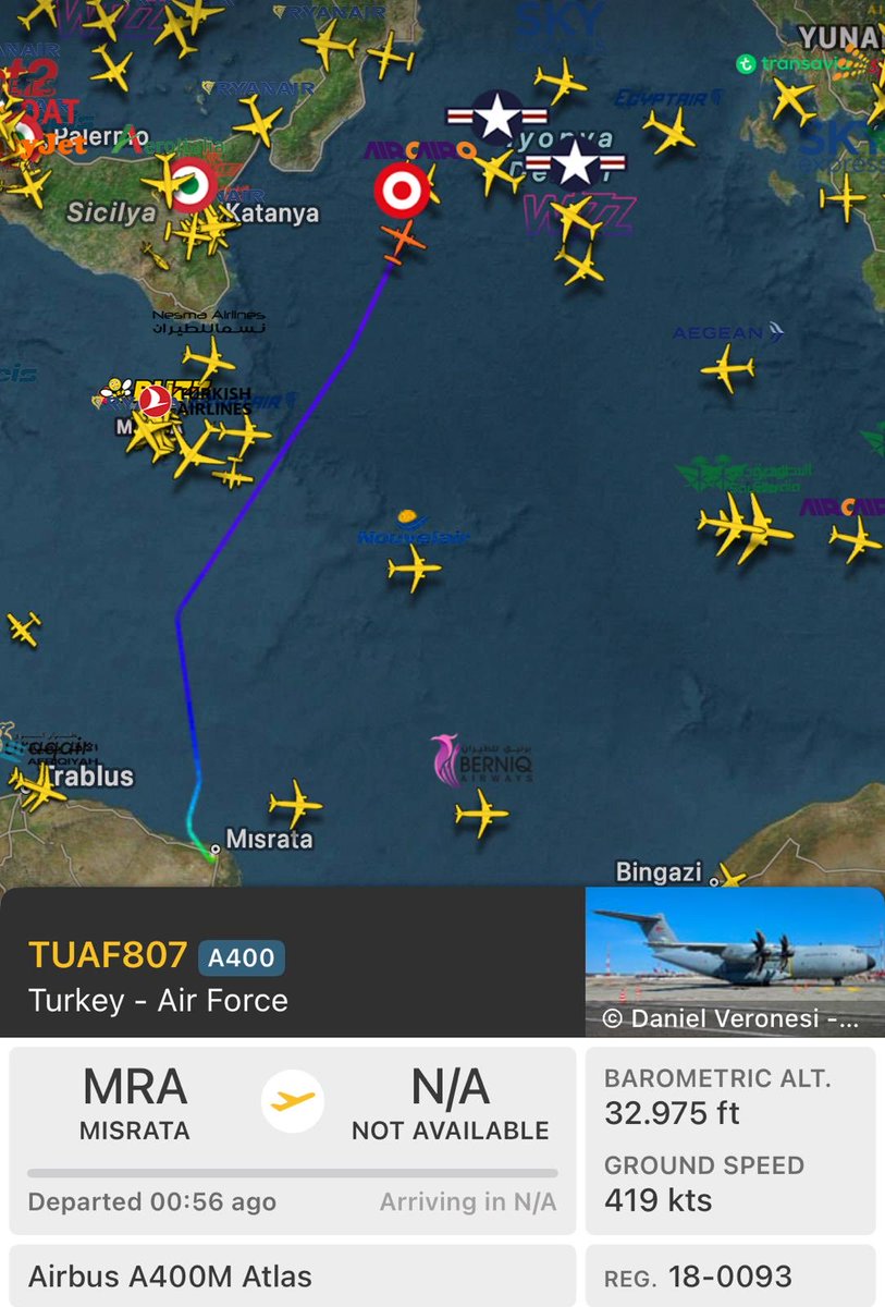 abdulahkocoglu's tweet photo. Türk Hava Kuvvetleri’ne ait #A400M askeri kargo uçağı Libya’dan Türkiye’ye doğru uçuyor. #TUAF https://t.co/FHb12GfZTA