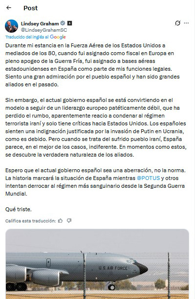Uno de los senadores más influyentes de Estados Unidos acaba de pronunciarse sobre España: 

"En momentos como estos, se descubre la verdadera naturaleza de los aliados. Espero que el actual gobierno español sea una aberración, no la norma".

Tremendo.