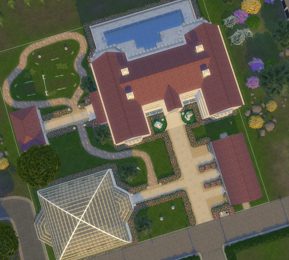 SimmerSuhs's tweet photo. Current WIP in Ondarion on lot Giardino Del Grandioso... Estate shell with stable, horse-riding area, outdoor sword fighting area, and solarium. #TheSims4 #simscommunity #showusyourbuilds #RoyaltyAndLegacy https://t.co/2Nu3GlaeC8