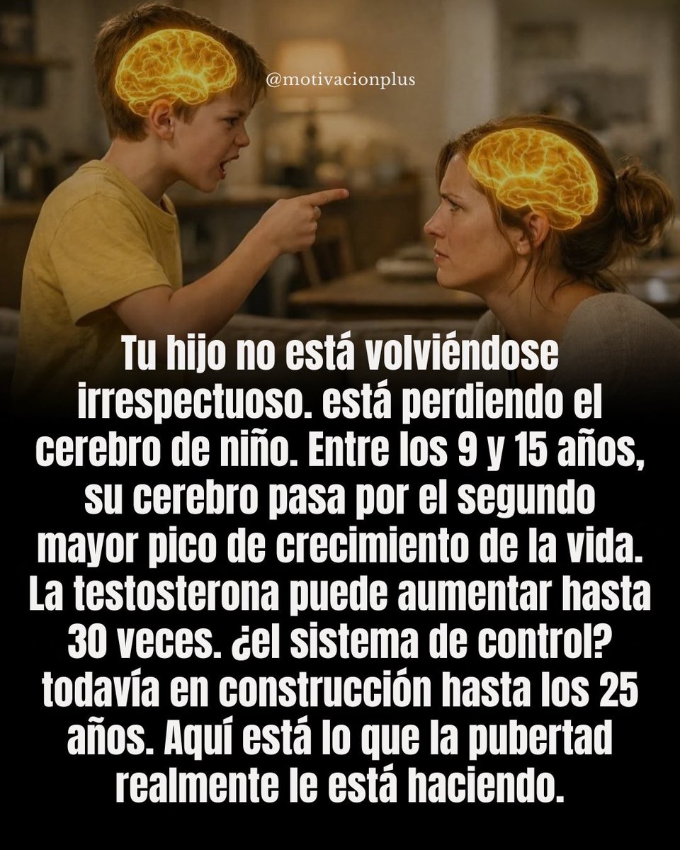 Tu hijo no se está volviendo irrespetuoso.

Está perdiendo el cerebro de niño.
Entre los 9 y 15 años vive el segundo mayor pico de crecimiento cerebral de su vida.
La testosterona se dispara hasta 30 veces.
Y el “freno” del autocontrol no madura hasta los 25.
Esto es lo que hace