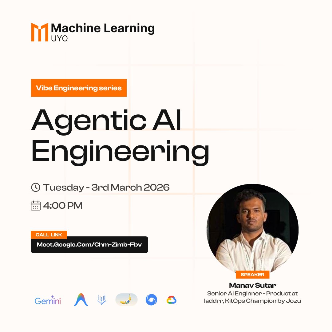 TFUGUyo's tweet photo. Join us for the next session in the Vibe Engineering Series with @i_am_manavsutar ,  a Senior AI Engineer (Product) at Laddrr, KitOps Champion by Jozu, Solution Architect, and tech creator passionate about shaping the future of intelligent systems. https://t.co/vAE0aZWwKf