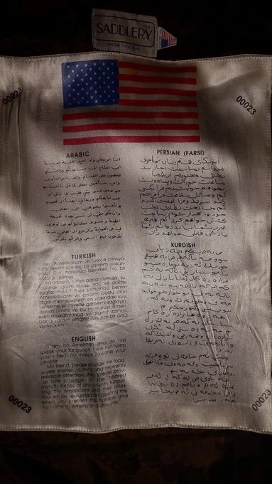 ÚLTIMA HORA: Se dice que los pilotos estadounidenses derribados sobre Kuwait llevaban una “tarjeta de sangre”, un mensaje de supervivencia cosido dentro de sus chaquetas.  

Escrito en inglés, árabe, turco, persa y kurdo, dice:  

Soy estadounidense y no hablo su idioma. No les