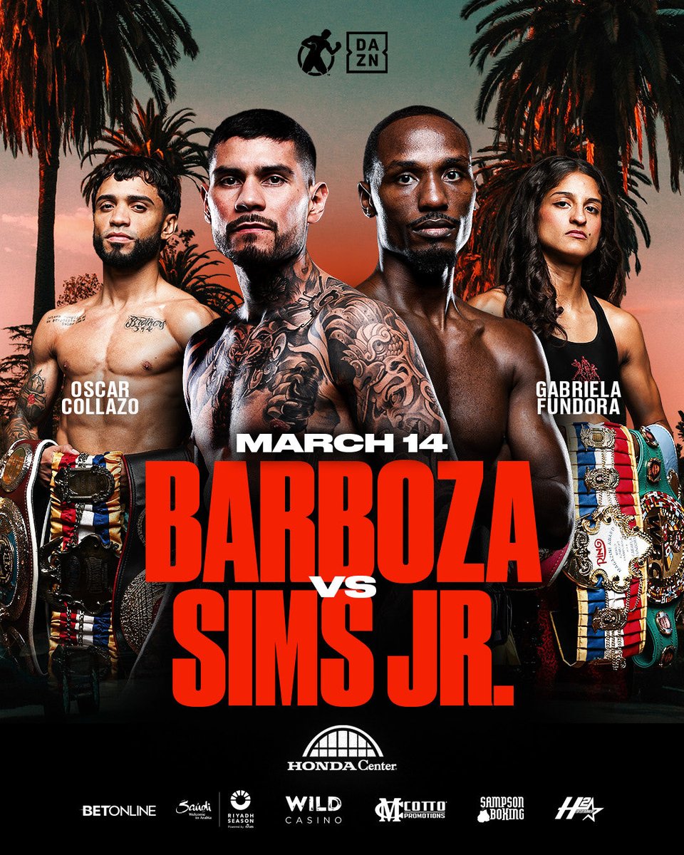 Power106LA's tweet photo. Arnold Barboza Jr. takes on Kenneth “Bossman” Sims Jr. in a high-stakes Welterweight showdown at the Honda Center!
🗓 DATE: Saturday, March 14, 2026 🕑 TIME: Doors open at 2:15 PM 📍 LOCATION: Honda Center, Anaheim, CA
🎟 Get your tickets now

https://t.co/H6cg34nWna https://t.co/XYfCEFNeyc
