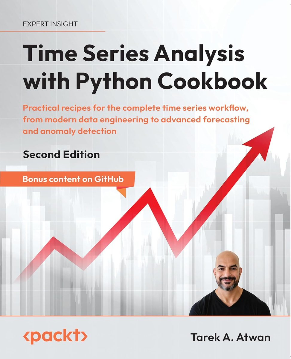 KirkDBorne's tweet photo. Brilliant new release by @tarekatwan from @PacktDataML at https://t.co/jp2PoaU0xM

"Time Series Analysis with Python Cookbook: Practical recipes for the complete time series workflow, from modern data engineering to advanced forecasting and anomaly detection" [2nd Edition; 812 pages]