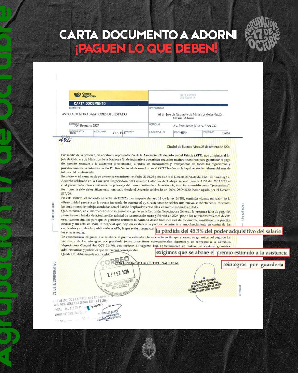 ¡PAGUEN LO QUE DEBEN!

Desde ATE intimamos legalmente mediante Carta Documento al Jefe de Gabinete, Manuel Adorni.

El gobierno está llevando adelante un acto de absoluta “mala fe negocial”, reteniendo de manera ilegal el pago del presentismo, los viáticos y los reintegros por