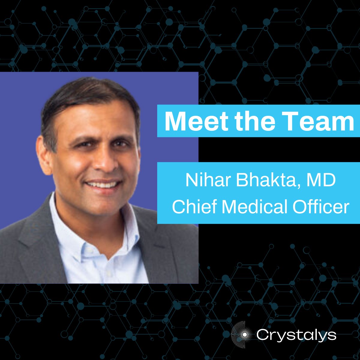 Crystalys_Tx's tweet photo. #MeetTheTeam – Nihar Bhakta, MD is CMO and co-founder of Crystalys, bringing expertise in clinical development, regulatory strategy, and patient advocacy to our leadership team. We’re proud to have Nihar’s clinical leadership guiding us as we advance new treatments for #gout. https://t.co/c8EghU90mF