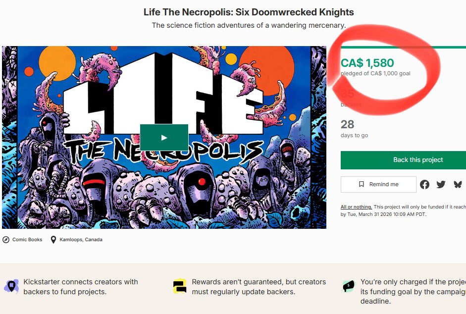 lifenecropolis's tweet photo. We smashed through the funding goal in just over 4 hours! Thank you so much everyone!
Last time it took about a day, so we easily beat that, and right now after 1 day we’re at about half the overall total of the last one too!
#diycomicshardcore #scifiartist #scificomics https://t.co/XVCOgZSNks