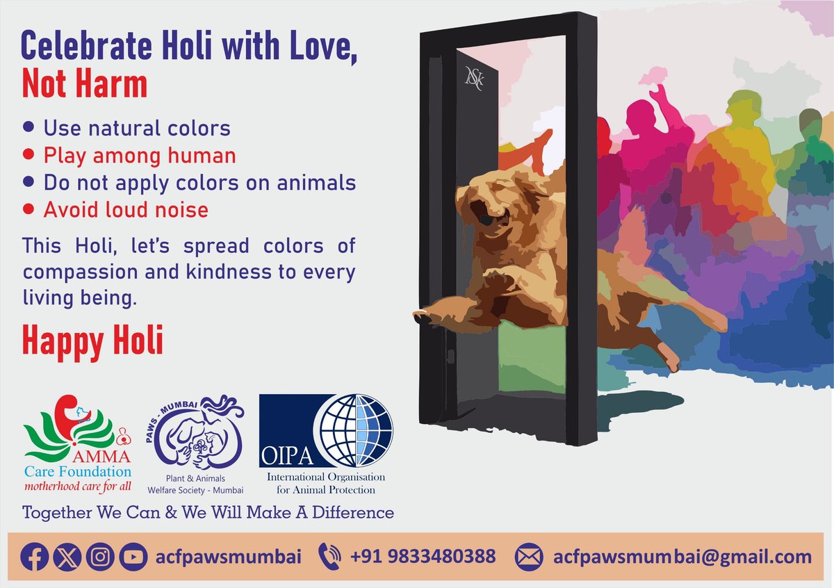 ACFIndiaOrg's tweet photo. 02-03 March 2026 Monday
--
CELEBRATE environment friendly HOLI
Happy HOLI
--
युनेच्छुक
Team Sunish &amp; Nisha Subramanian Kunju 
Team OIPA,  ACF &amp; PAWS-Mumbai 
Team NSK Enterprises 
ACF PAWS-Mumbai Helpline +919833480388
--
#NishaKunju #SunishKunju #OIPA #ACF #PAWSMumbai https://t.co/yi8ZPfEeHf