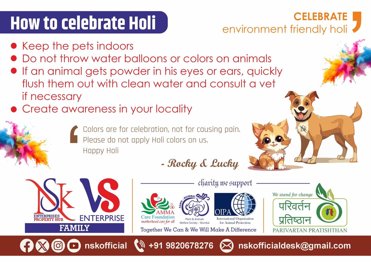 ACFIndiaOrg's tweet photo. 02-03 March 2026 Monday
--
CELEBRATE environment friendly HOLI
Happy HOLI
--
युनेच्छुक
Team Sunish &amp; Nisha Subramanian Kunju 
Team OIPA,  ACF &amp; PAWS-Mumbai 
Team NSK Enterprises 
ACF PAWS-Mumbai Helpline +919833480388
--
#NishaKunju #SunishKunju #OIPA #ACF #PAWSMumbai https://t.co/yi8ZPfEeHf