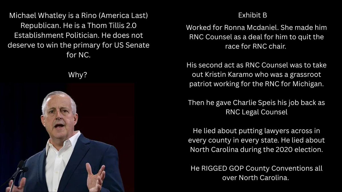 NORTH CAROLINA

 If you havent voted early. Please so tomorrow March 3rd.  Every republican and conservative must vote for Don Brown He's the only America first candidate running in the race. <a href="/donbrownfornc/">Don Brown</a>

Why?

Michael Whatley is corrupt establishment hack. A corrupt