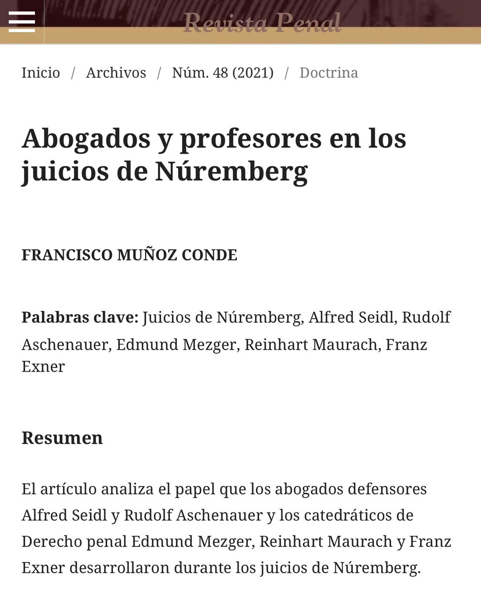 A propósito de Nuremberg, este artículo habla de la participación de penalistas como Mezger, Maurach y otros 👇🏾

revistapenal.tirant.com/index.php/revi…