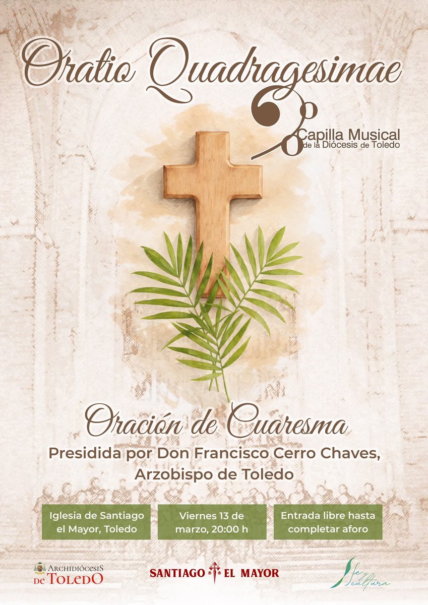 Junto con d. Francisco Cerro Chaves, Arzobispo de Toledo-Primado de España <a href="/Obispofcerro/">✙ Francisco Cerro Chaves</a>, anunciamos nuestra propuesta para entrar en el misterio de la cruz.
En el precioso templo de Santiago el Mayor <a href="/PSantiagoMayor/">Parroquia de Santiago el Mayor de Toledo</a> de #Toledo, os esperamos el próximo viernes 13 d marzo, 20:00 h