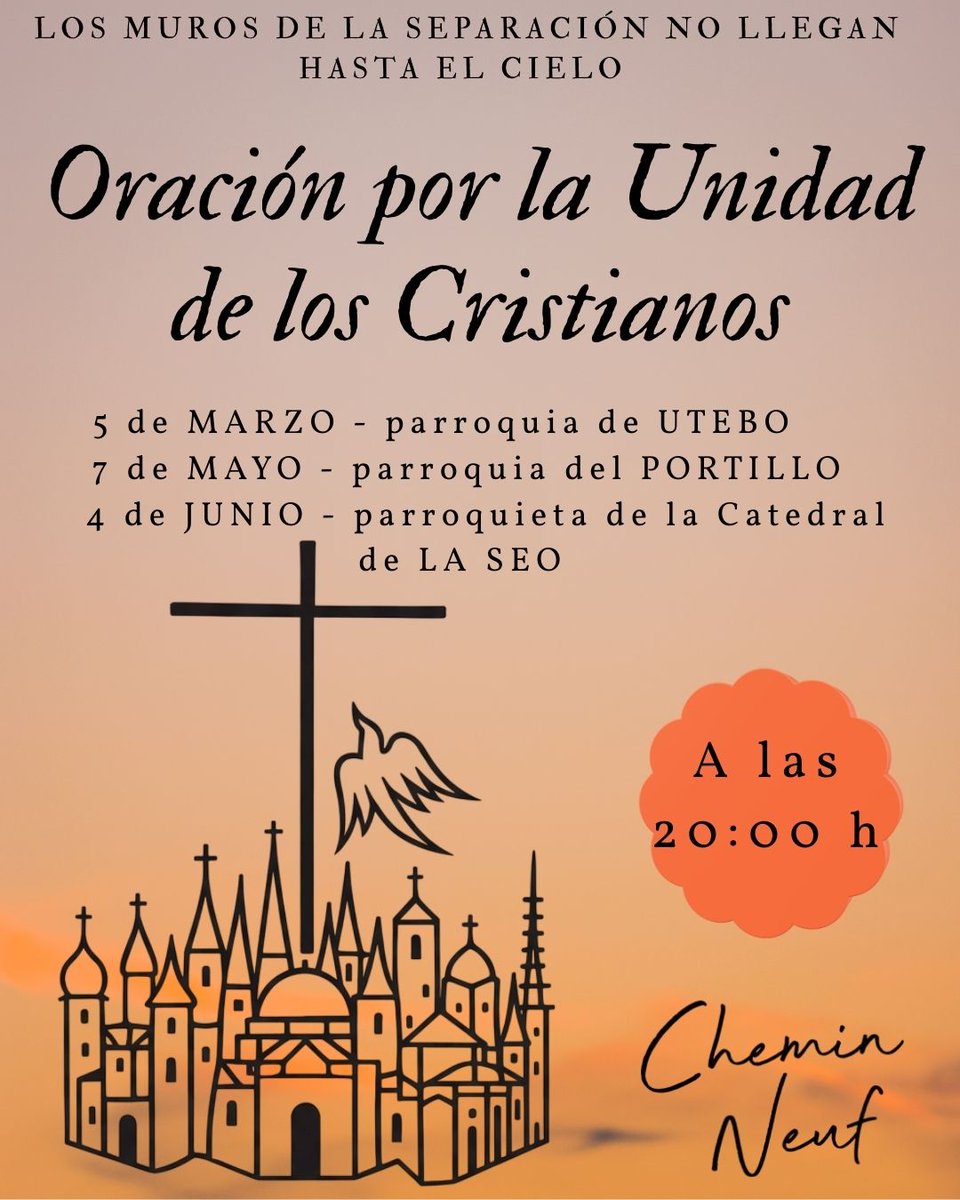 El próximo Jueves 5 de Marzo a las 20 Horas, tenemos una celebración sobre Oración por la Unidad de los Cristianos en nuestra Parroquia.
La celebración es un oficio compuesto por salmos cantados, lecturas y meditación sobre ellas, oración de intercesión y reflexión, total 30 min.