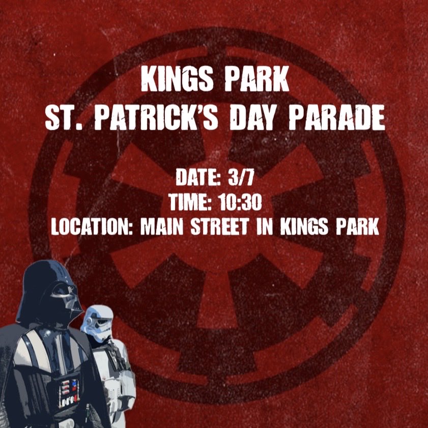 501ECG's tweet photo. Here’s where we’ll be this week
.
Kings Park St. Patrick's Day Parade
Date: 3/7
Time: 10:30
Location: Main Street in Kings Park
.
Town of North Hempstead Polar Plunge
Date: 3/7
Time: 9-10
Venue: North Hempstead Beach Park

#501stlegion #501stecg #empirecitygarrison #starwars https://t.co/Jooic5nNXr