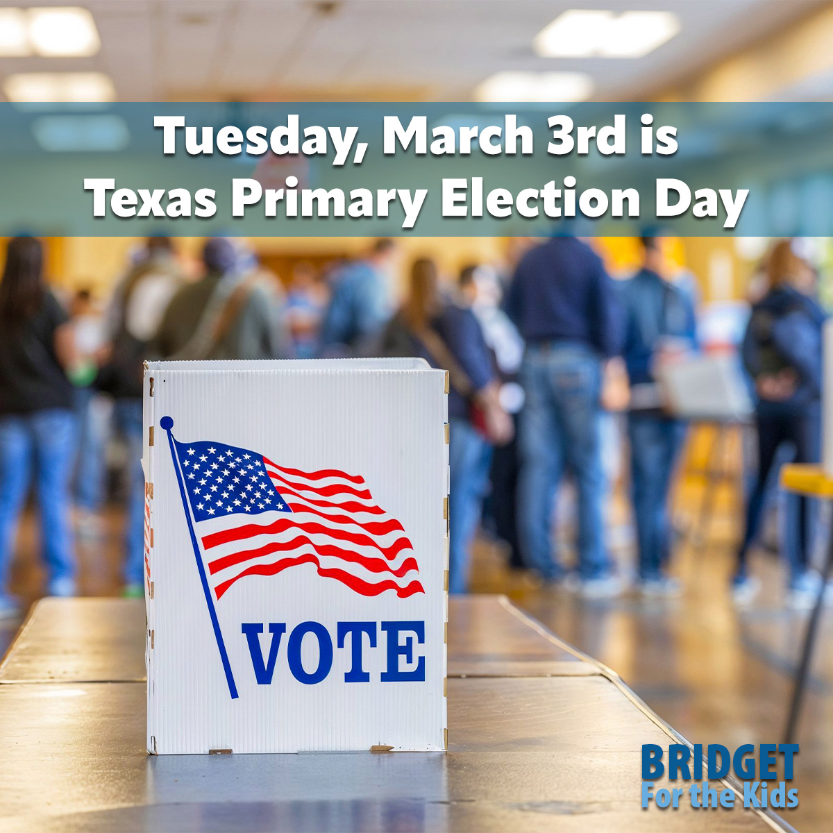 BridgetforKids's tweet photo. Election Day is TOMORROW, March 3rd!  Polls open 7a-7p.  Get out and vote in the Texas primaries, your choice shapes our future.  Check https://t.co/PTP3W0ll80 for your polling location. https://t.co/Fvlfyspw5N