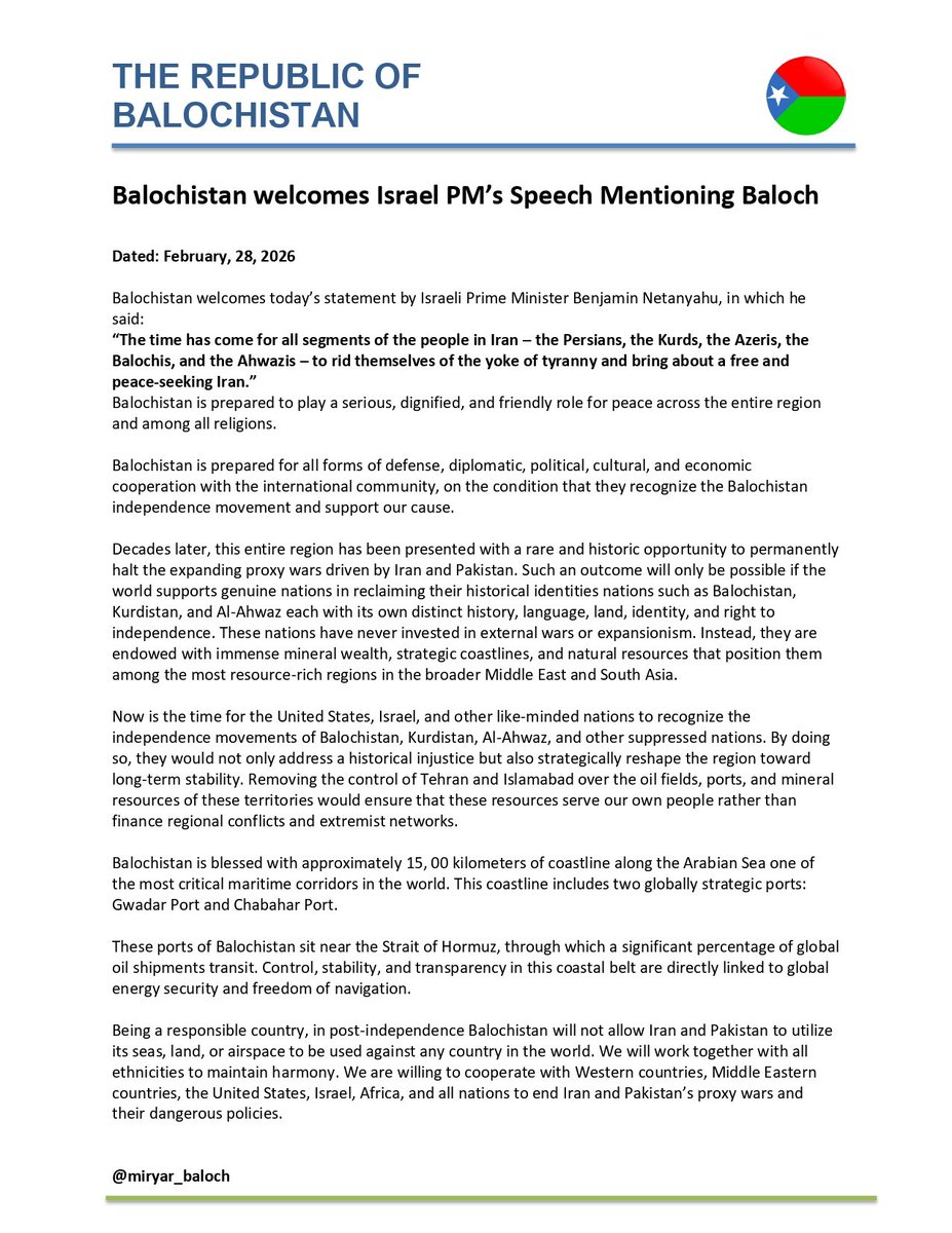 İran’a karşı ilk açık siyasi çıkışlardan biri geldi.
“Belucistan Cumhuriyeti” adlı oluşum, İsrail Başbakanı Netanyahu’nun İran’daki halklara yönelik açıklamasını memnuniyetle karşıladığını duyurdu.
Belucistan; bağımsızlık hareketinin tanınması şartıyla uluslararası toplumla