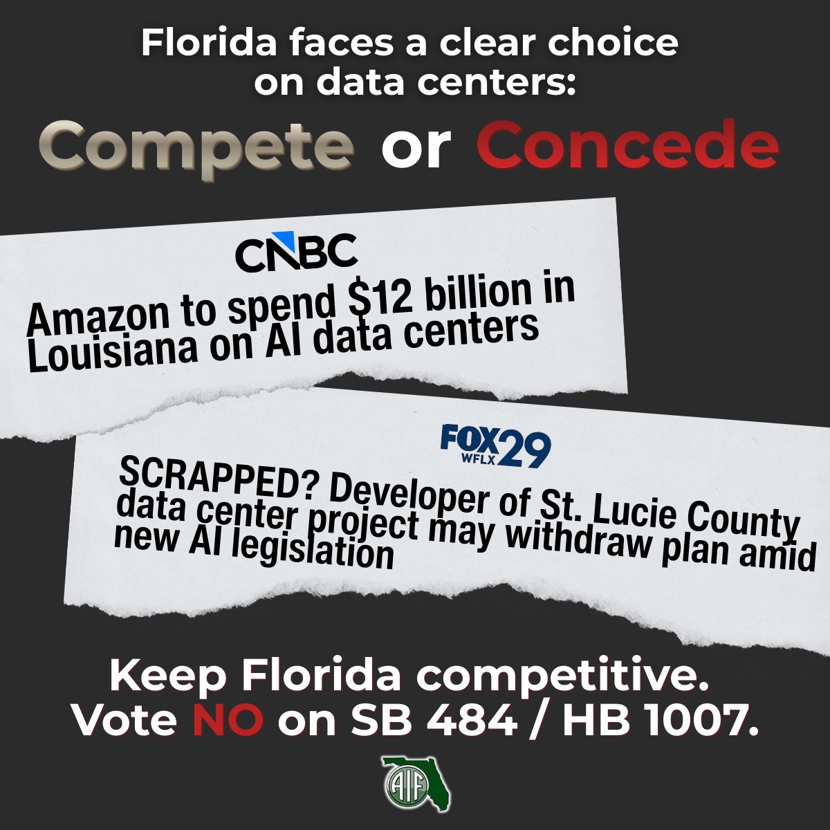 VoiceofFLBiz's tweet photo. Will Florida compete in the next era of economic innovation or concede? Don’t let other states take our jobs, investments, and tax base that data centers bring. Vote NO on SB 484 / HB 1007 to keep Florida competitive.