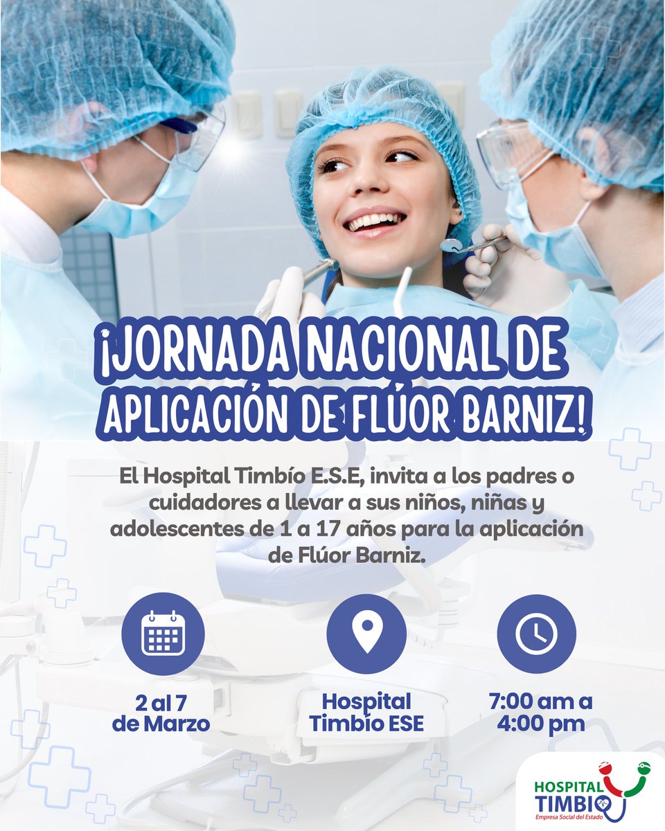 HospitalTimbio's tweet photo. ¡Sonrisas sanas desde la infancia! 🦷

Invitamos a la Jornada Nacional de Aplicación de Flúor Barniz, una estrategia de prevención para proteger la salud oral de niños, niñas y adolescentes. ✅ https://t.co/K6ga6AyiYH