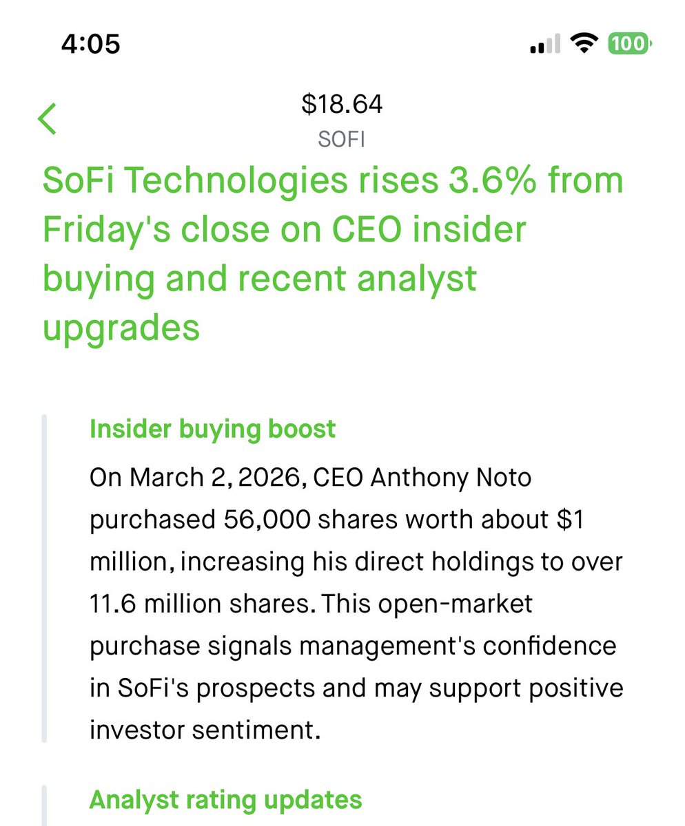 $SOFI CEO buys approx $1 million worth of shares.   I think this signals the bottom is in.