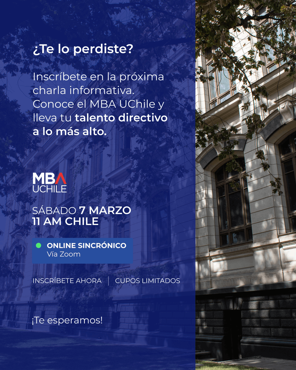 mbauchile's tweet photo. Nuestras charlas informativas están enfocadas en comunicar el valor que genera el MBA UChile.

¿Quieres descubrir por qué el MBA UChile es #1 en gestión en América Latina?

7 de marzo. 11:00 horas. Online sincrónica vía Zoom.

Reserva tu cupo en https://t.co/XO733nzuLm https://t.co/OlQtXeoUKB