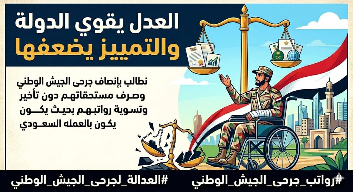 العدل يقوي الدولة
والتمييز يضعفها
نطالب بإنصاف جرحى الجيش الوطني
وصرف مستحقاتهم دون تأخير
وتسوية رواتبهم بحيث يكون بالعملة السعودي

#رواتب_جرحى_الجيش_الوطني
#العدالة_لجرحى_الجيش_الوطني