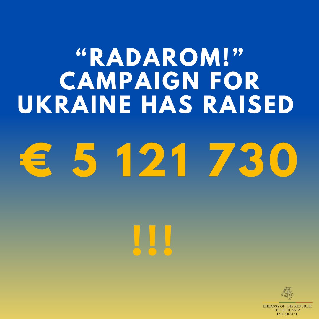 LTembassyUA's tweet photo. 🇱🇹 has done it again! The "RADAROM" solidarity campaign — powered by people and supported by business, has raised a final €5 121 730 for 🇺🇦! The funds are already turning into real frontline support: 3 robotic units have been formed, with more on the way. 
An incredible result! https://t.co/AMtw9jq9oW