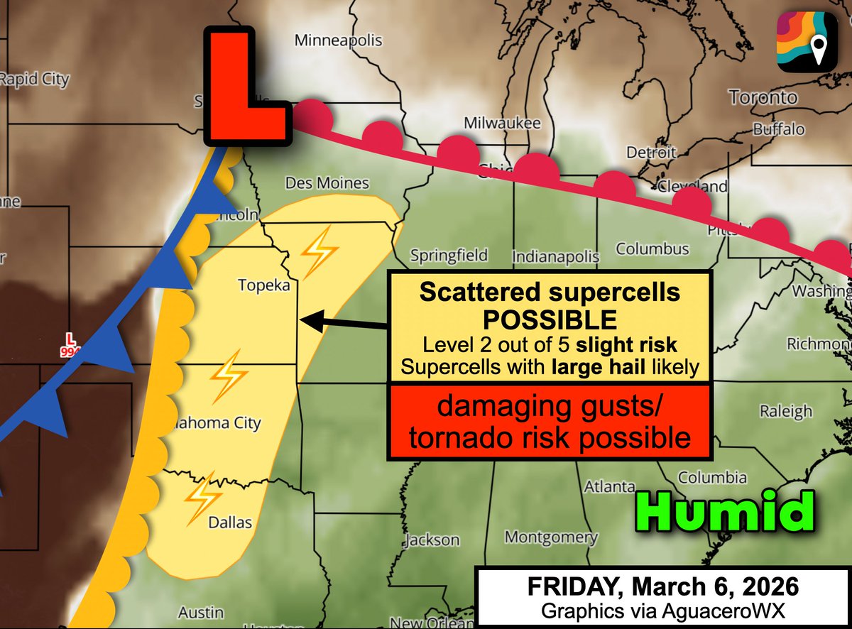 MyRadarWX's tweet photo. FRIDAY, March 6, 2026 could feature the season's first widespread severe weather threat along I-35 in classic "Tornado Alley."

This includes Dallas-Ft. Worth, Oklahoma City, Kansas City, Waco, Wichita, Tulsa, St. Joseph, Mo. and all the way north into southern Iowa.

The main hazards are large hail up to hen egg size and damaging winds, but there's a decent chance of some tornadoes too. We'll be working to learn more in the days ahead.

Low pressure near Sioux Falls, S.D. will tug warm, humid air northwards, setting the stage for storms as a cold front approaches from the west. The clash between dry and humid air masses will cause scattered thunderstorms, including a few supercells, to crop up by 3 or 4 p.m.

With frigid air aloft spilling south in a jet stream dip, large hail will be probable with the strongest storms. Changing winds with height could also help a few storms to produce tornadoes.

If you have Friday evening/night plans, have a way to stay abreast of changing weather conditions. With the low-level jet stream ramping up around dark, we believe any severe weather potential could continue into the night.