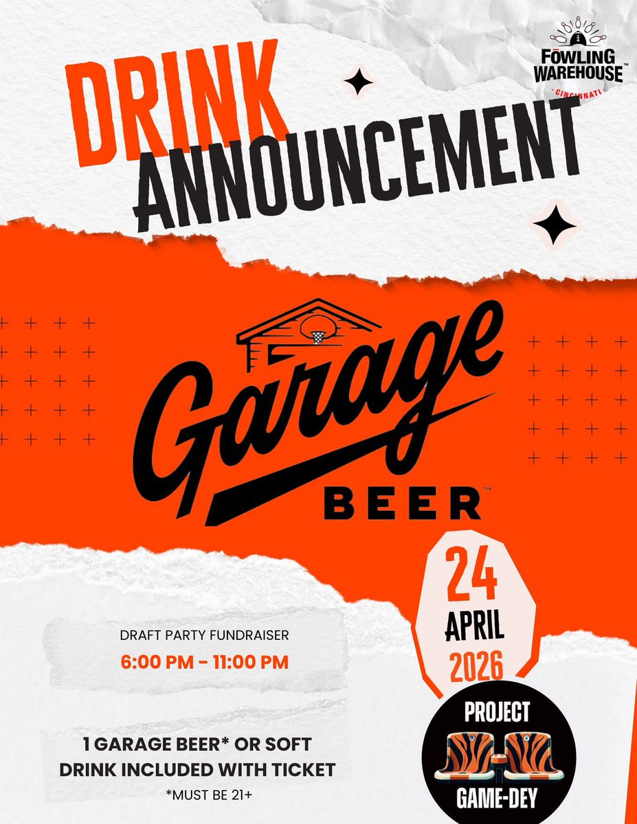 ProjectGameDey's tweet photo. 🍺 DRINK ANNOUNCEMENT 🍺

We’re excited to share that thanks to the generous support of our sponsor, @drinkgaragebeer , every attendee at our Draft Watch Party Fundraiser at Fōwling Warehouse Cincinnati will receive one complimentary draft Garage Beer (21+ only) or a soft drink with their ticket!

Join us on April 24, 2026 (6:00 PM – 11:00 PM) for a fun night of draft watching, fowling, community, and giving back — all while supporting a great cause.

❤️ All event proceeds benefit Project Game-Dey, helping us continue our mission of sending individuals with disabilities and U.S. military veterans to Cincinnati #Bengals games for unforgettable Game-Dey experiences.

🎟️ Get your tickets now:
Search “Project Game-Dey” on Eventbrite or purchase here:
https://t.co/ivJxEmrVKD

Come for the draft. Stay for the drinks. Support the mission. Who Dey!

#ProjectGameDey #WhoDey #NFLDraftParty #CincinnatiEvents #Fundraiser #GarageBeer